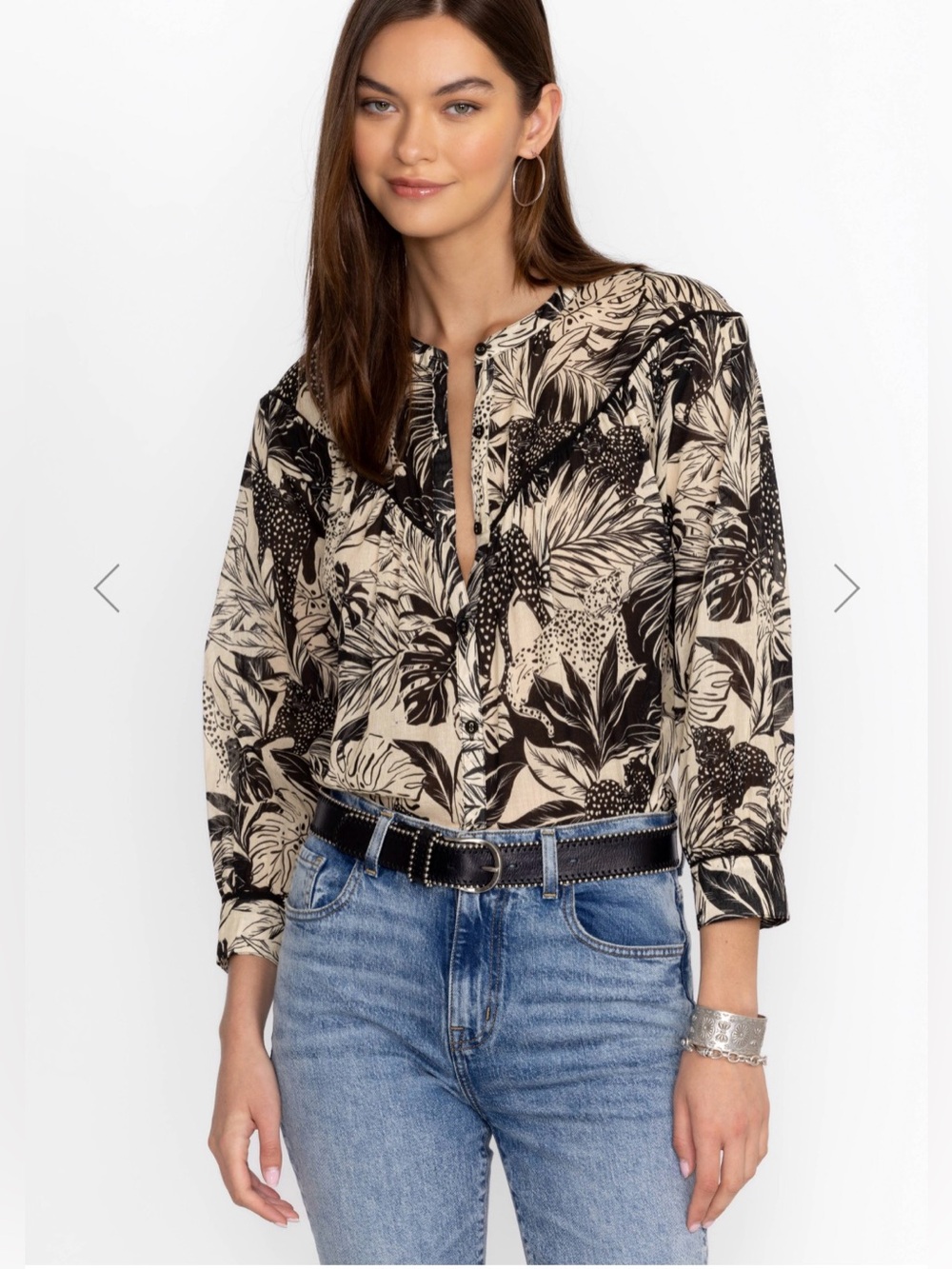 Johnny Was Workshop Black White Leopard Tropical Cotton Button Down Blouse XS